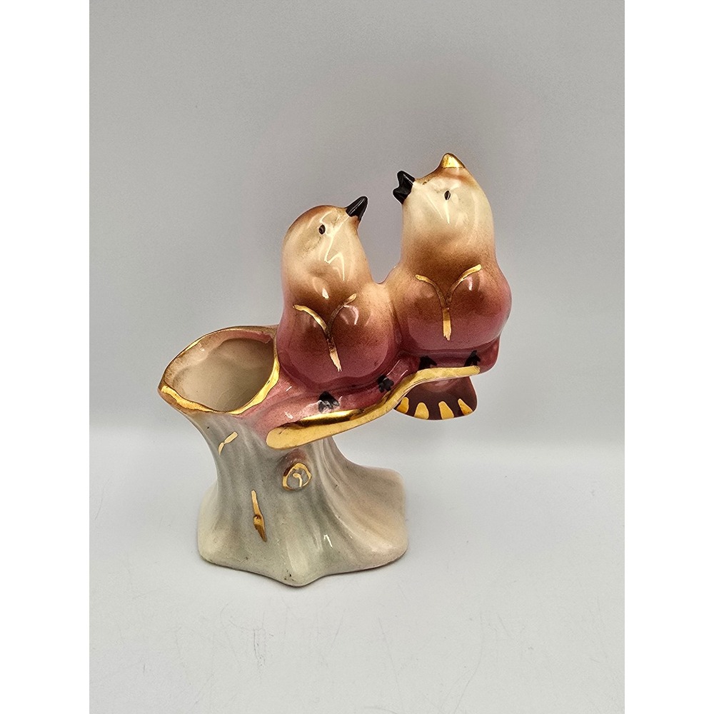 Vintage Bird Bud Vase Figurine Mauve Gold Gilt Ceramic Good Mid Century Decor